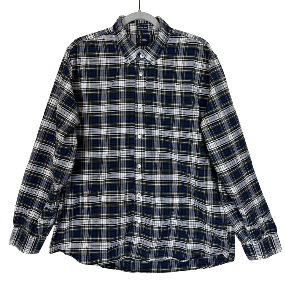 Gap Shirt Mens XL Blue Green Plaid Standard‎ Fit Stretch Button Down Long Sleeve